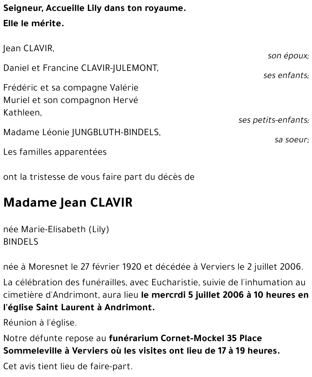 Marie-Elisabeth (Lily) BINDELS