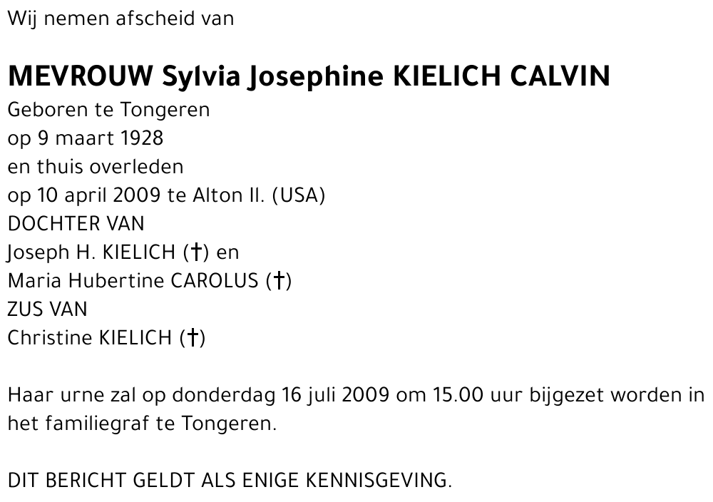 Sylvia Josephine Kielich Calvin