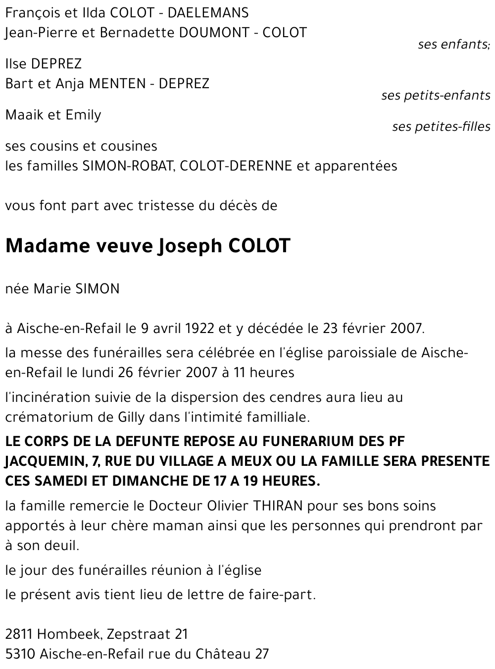veuve Joseph COLOT