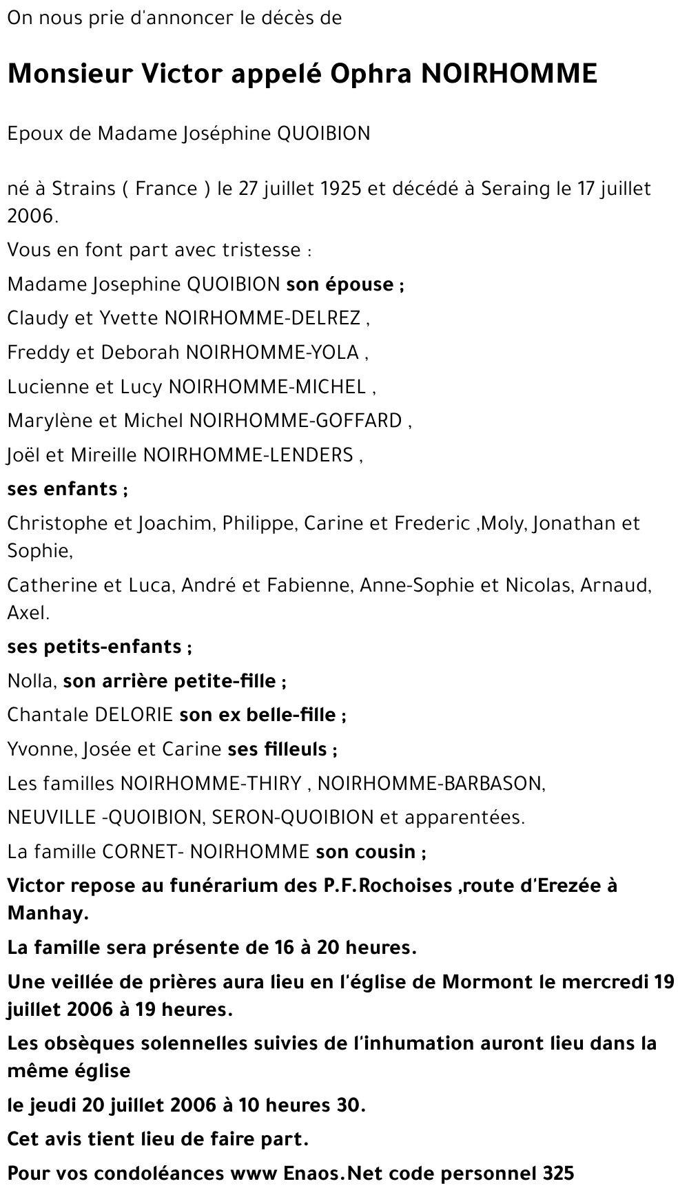 Victor appelé Ophra NOIRHOMME