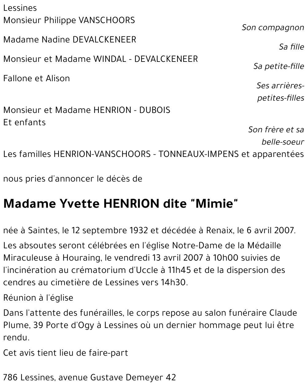 Yvette HENRION dite 