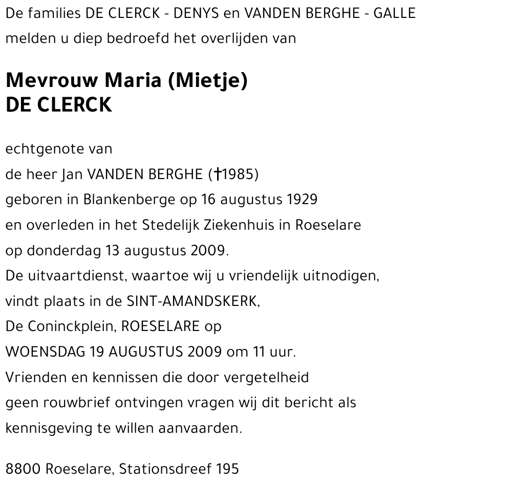 Maria (Mietje) DE CLERCK