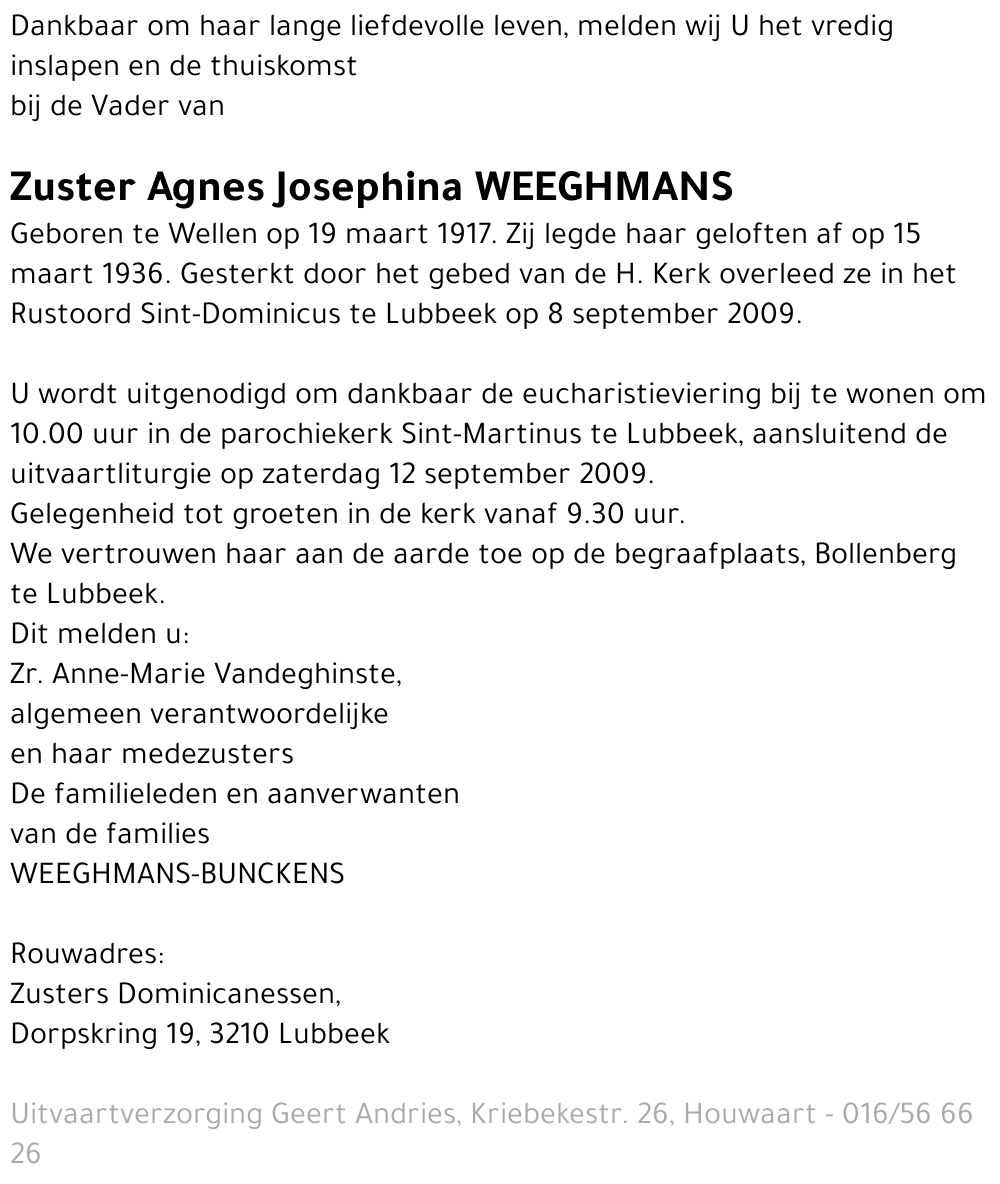 Zuster Agnes Josephina Weeghmans
