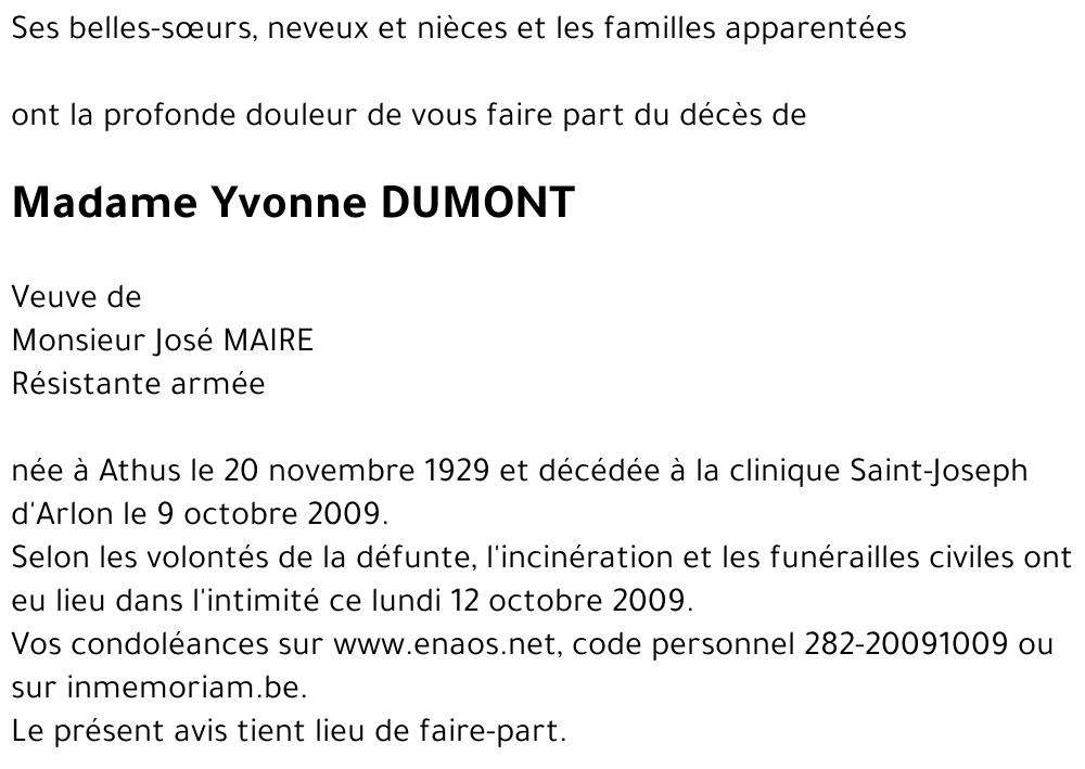 Yvonne DUMONT