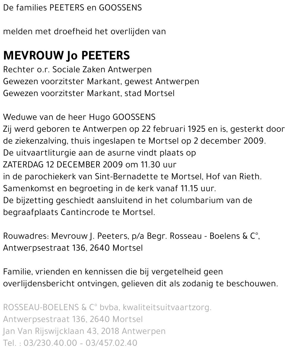 Jeanne Josephine Elisabeth Peeters