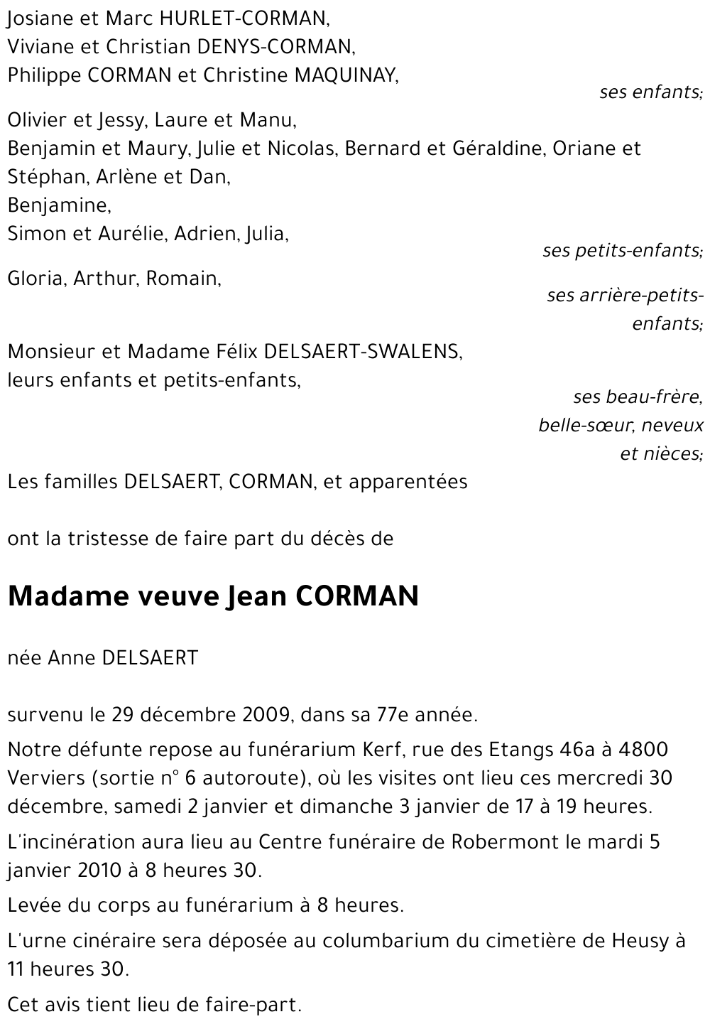 veuve Jean CORMAN