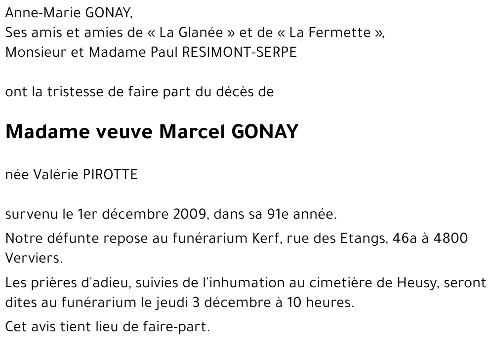 veuve Marcel GONAY