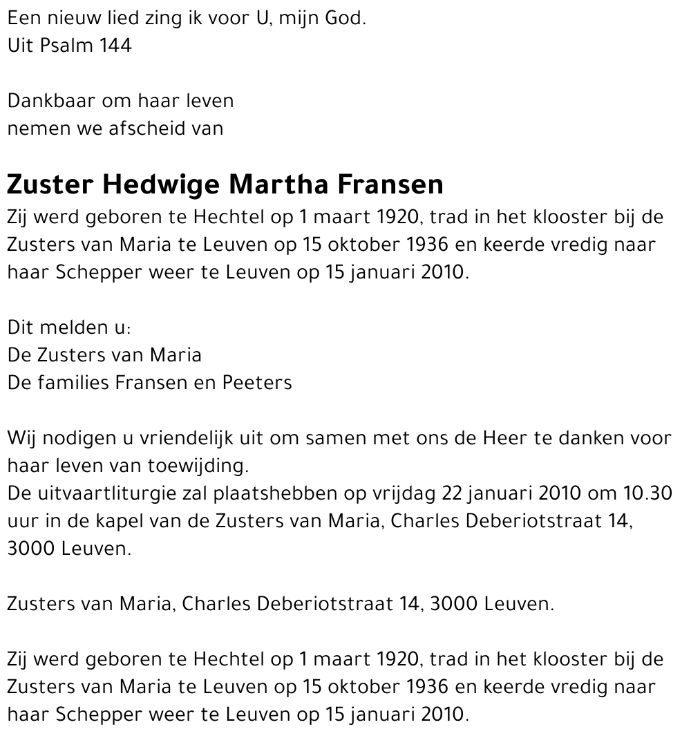 Zuster Hedwige Martha Fransen