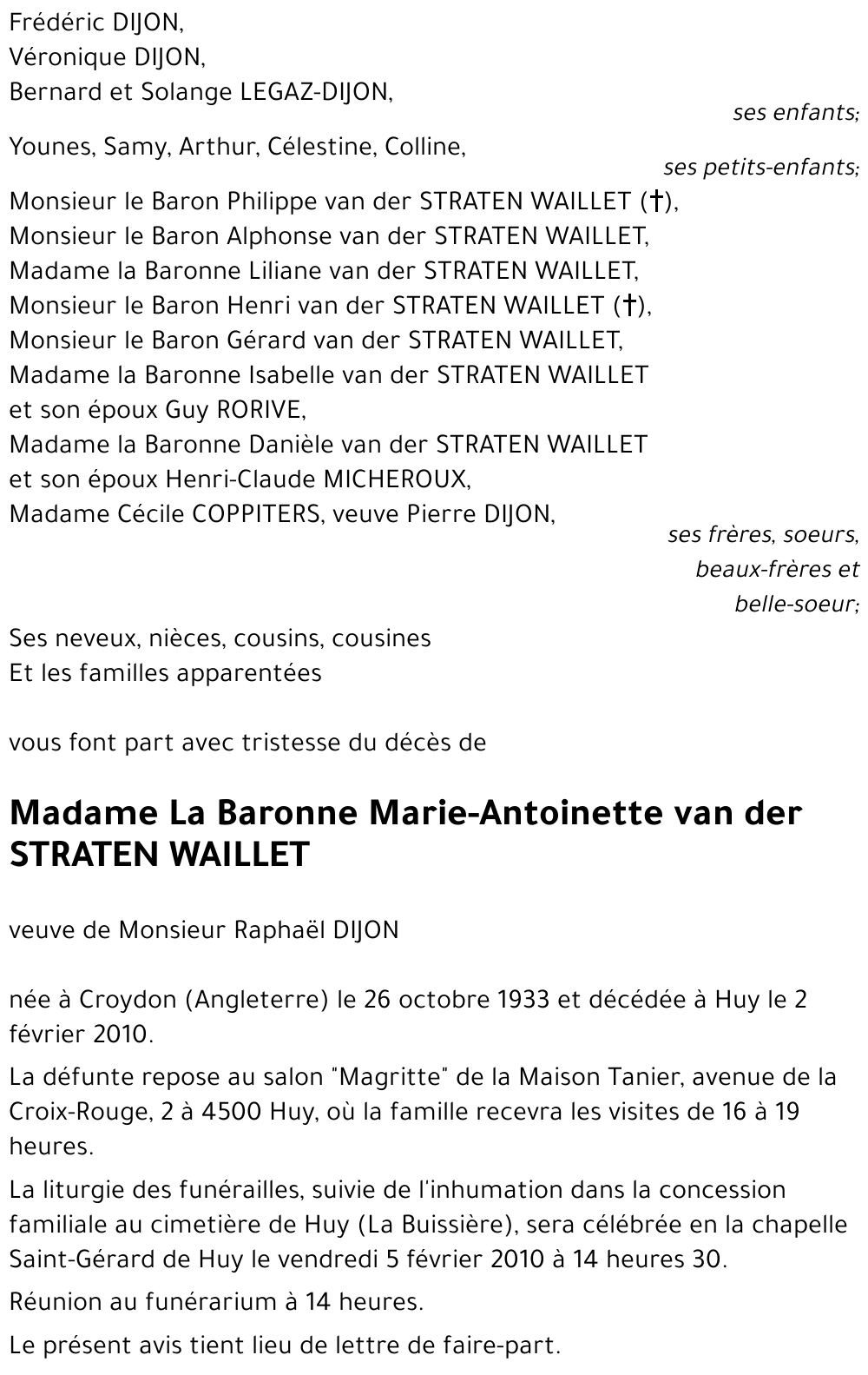 La Baronne Marie-Antoinette van der STRATEN WAILLET