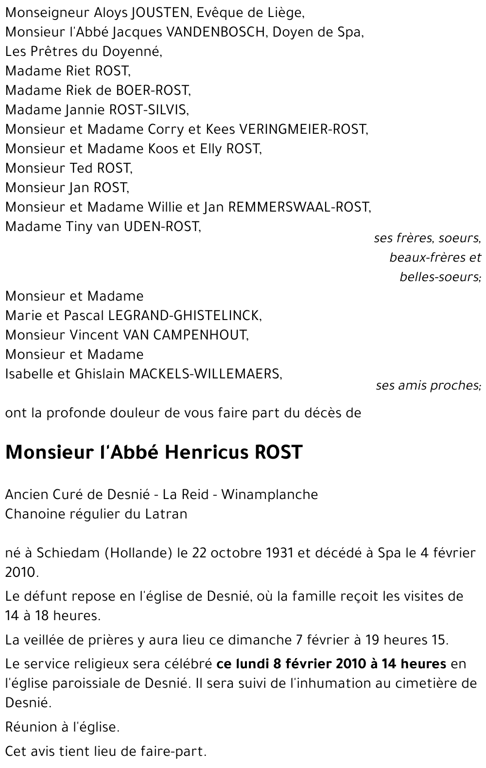 l'abbé Henricus ROST