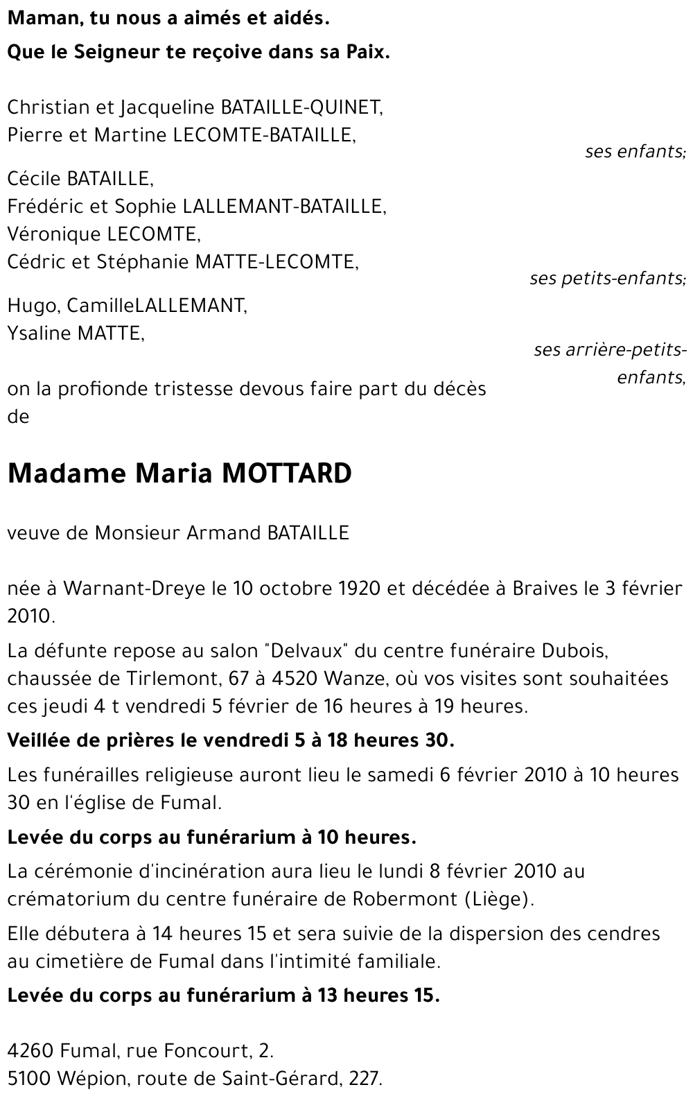 Maria MOTTARD veuve de Monsieur Armand BATAILLE