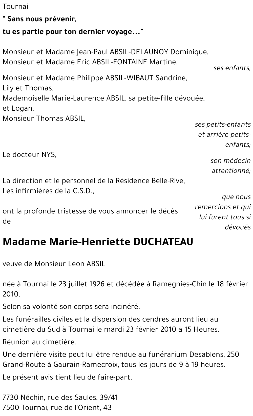 Marie-Henriette DUCHATEAU