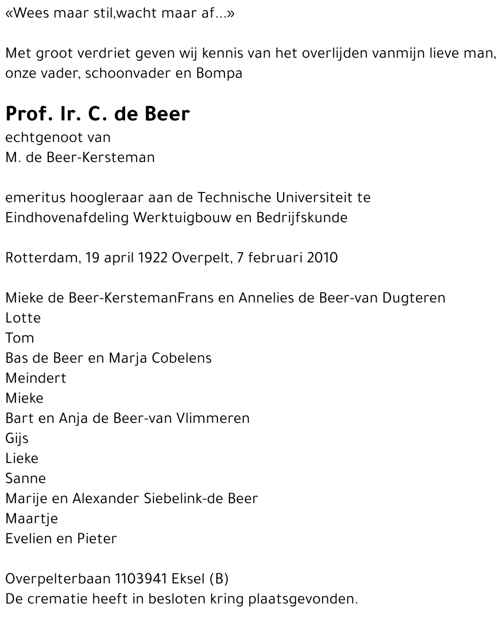 Prof. Ir. C. de Beer