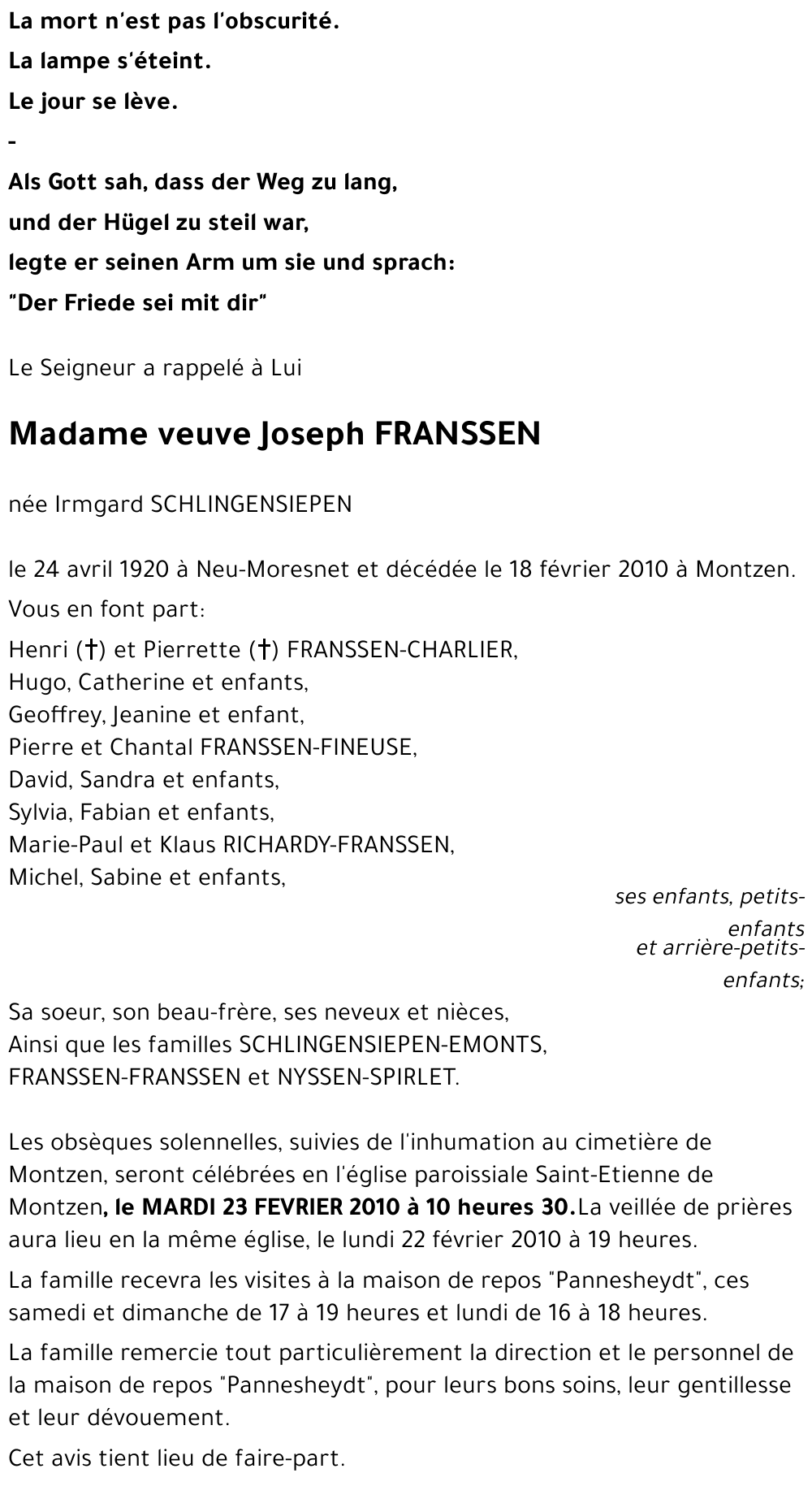 veuve Joseph FRANSSEN