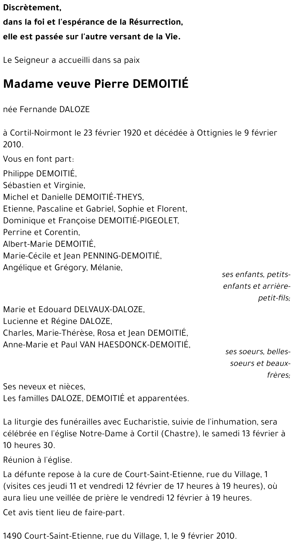veuve Pierre DEMOITIE