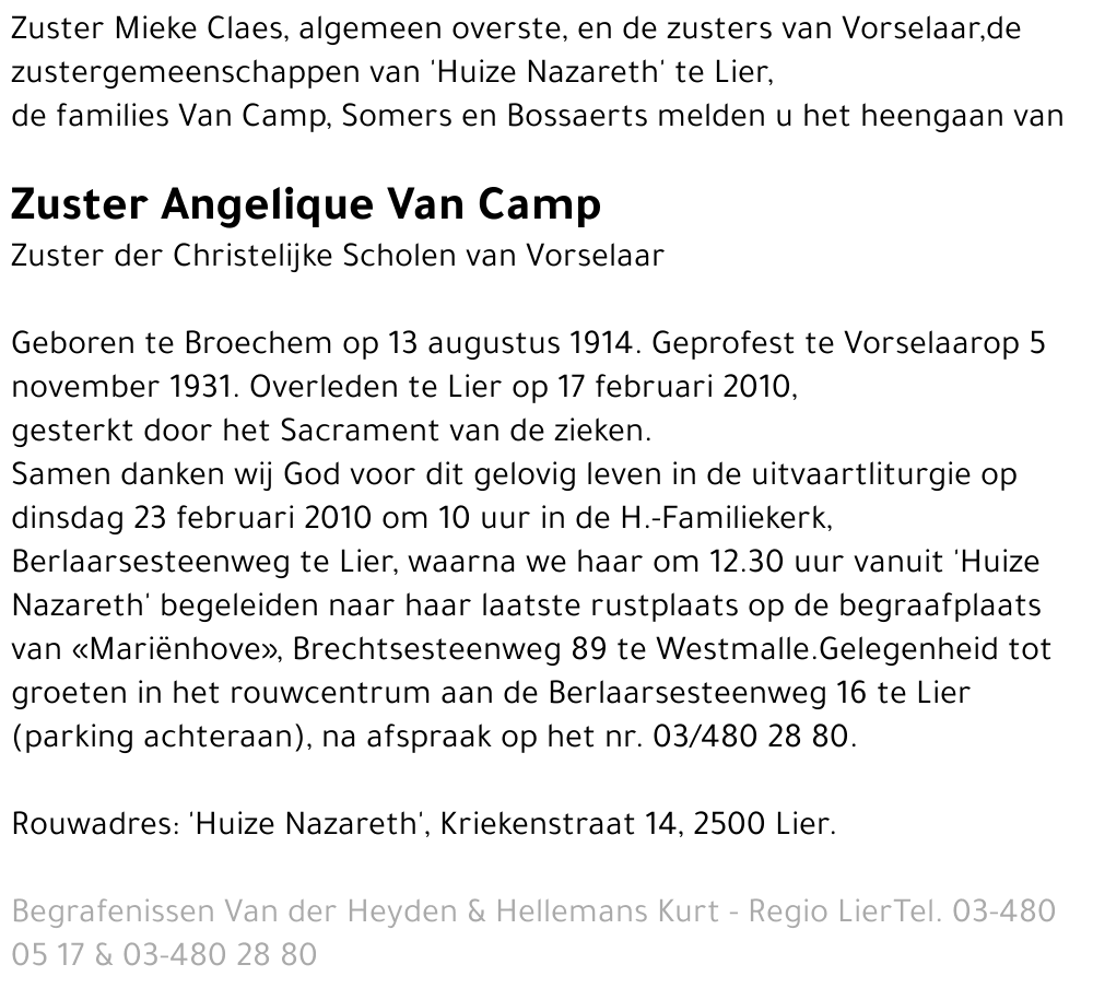 Zuster Angelique Van Camp
