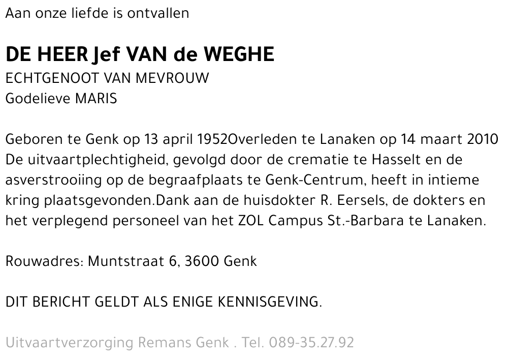 Jef VAN de WEGHE