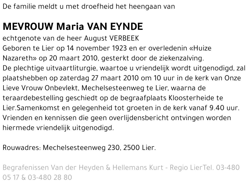 Maria 'Nieke' VAN EYNDE