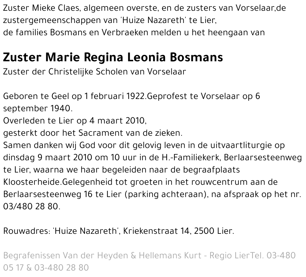 Zuster Marie Regina Leonia Bosmans