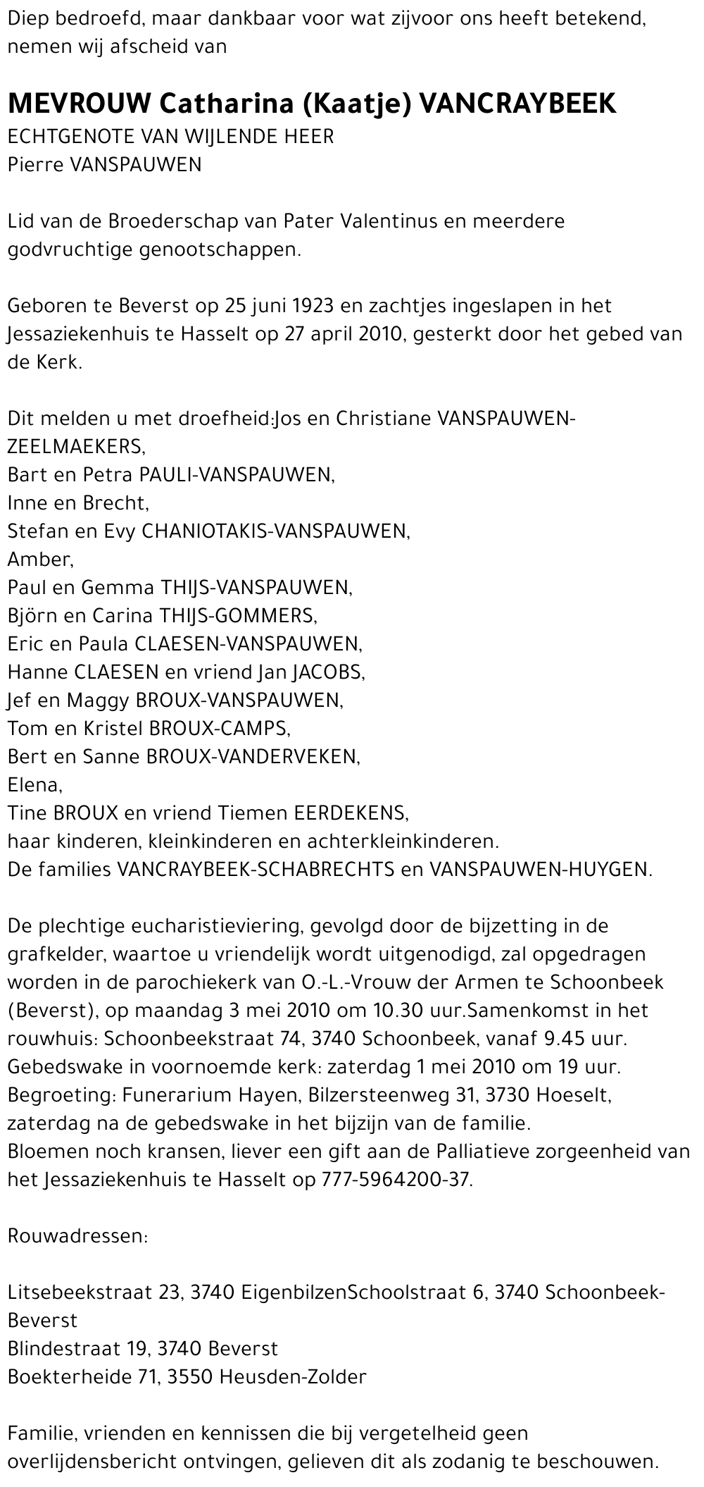 Catharina (Kaatje) Vancraybeek