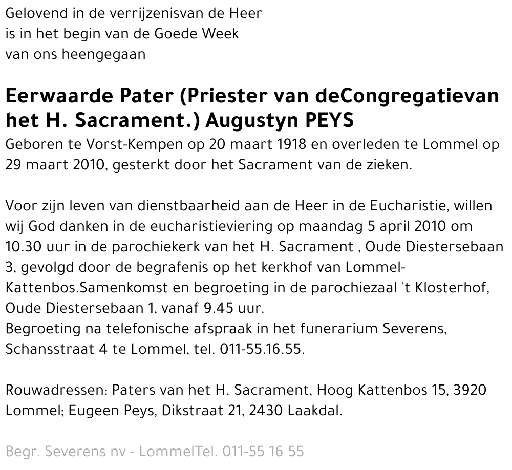 Eerwaarde Pater Augustyn Peys