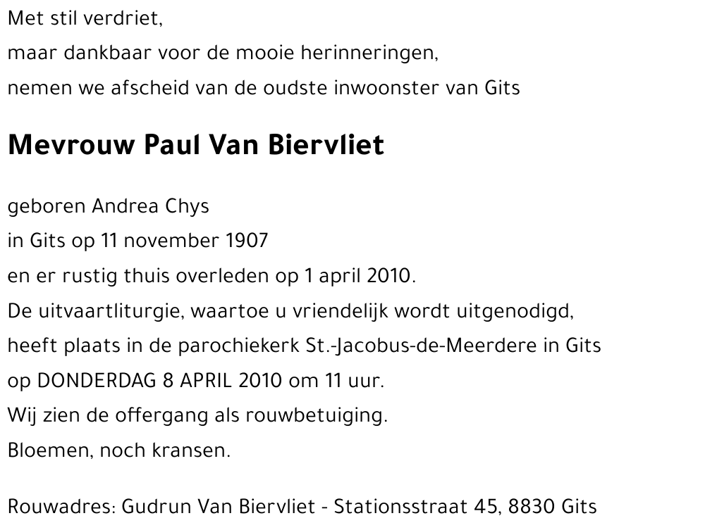 Paul Van Biervliet geboren Andrea Chys