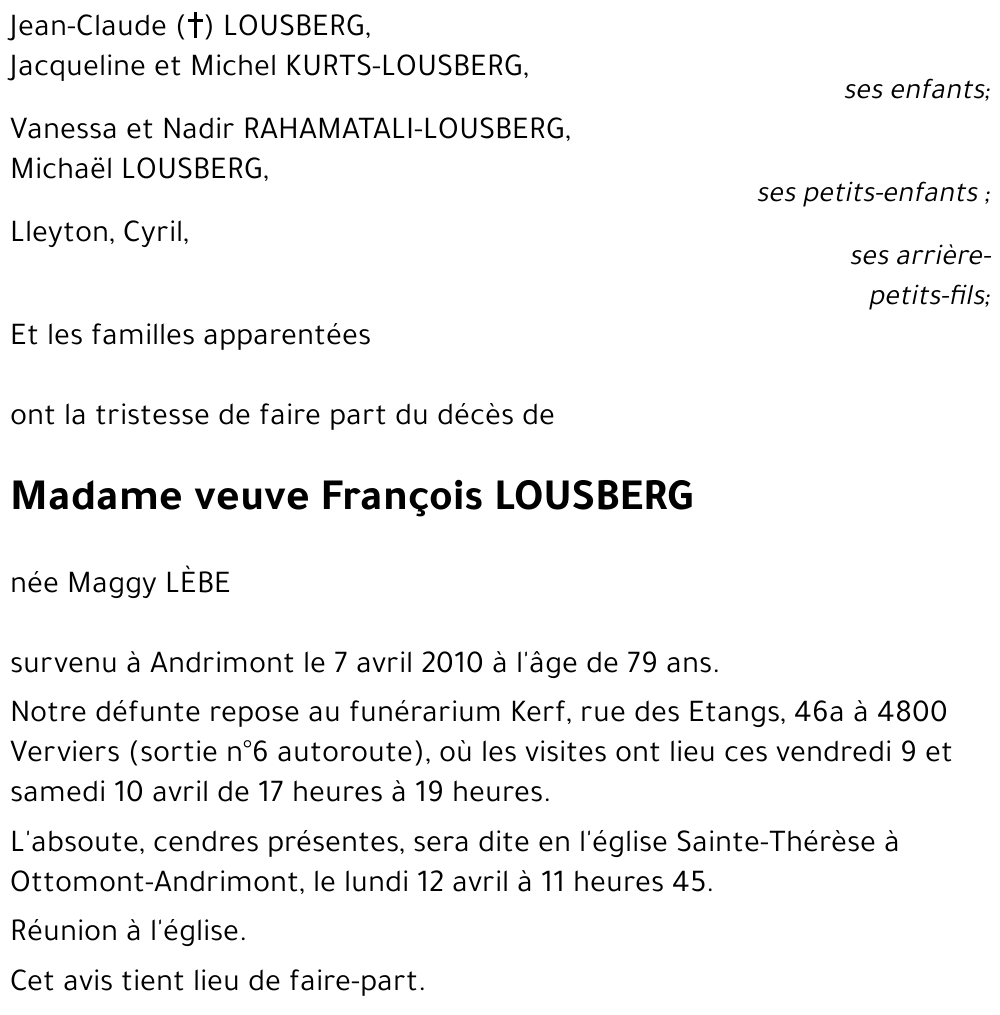 Veuve François LOUSBERG