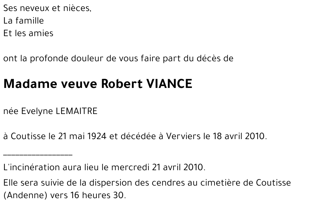 veuve Robert VIANCE