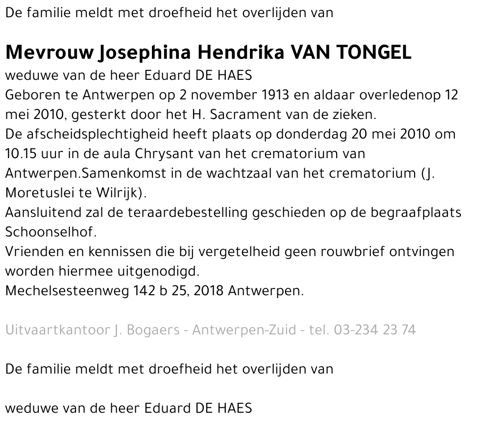 Josephina Hendrika VAN TONGEL