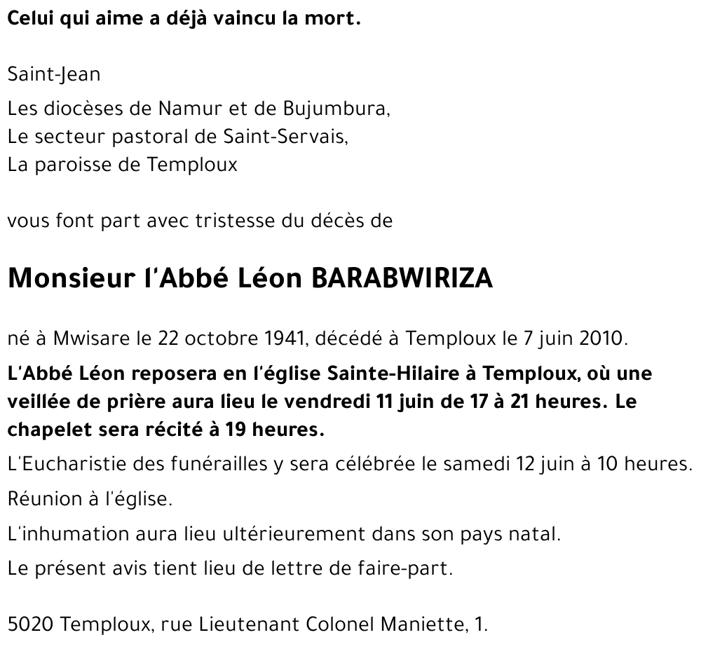 l'Abbé Léon BARABWIRIZA
