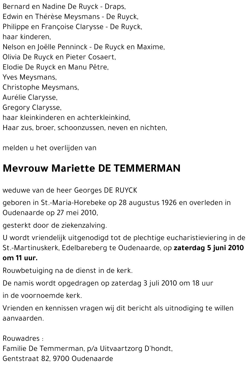 Mariette Ernestine Josephine DE TEMMERMAN