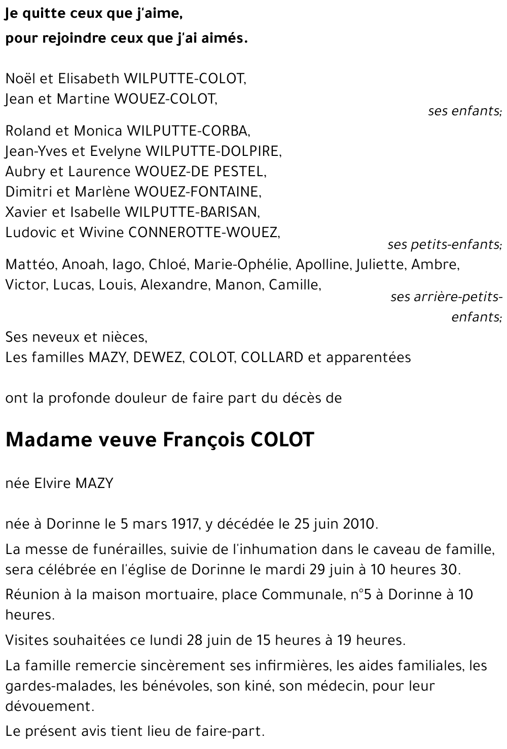 veuve François COLOT