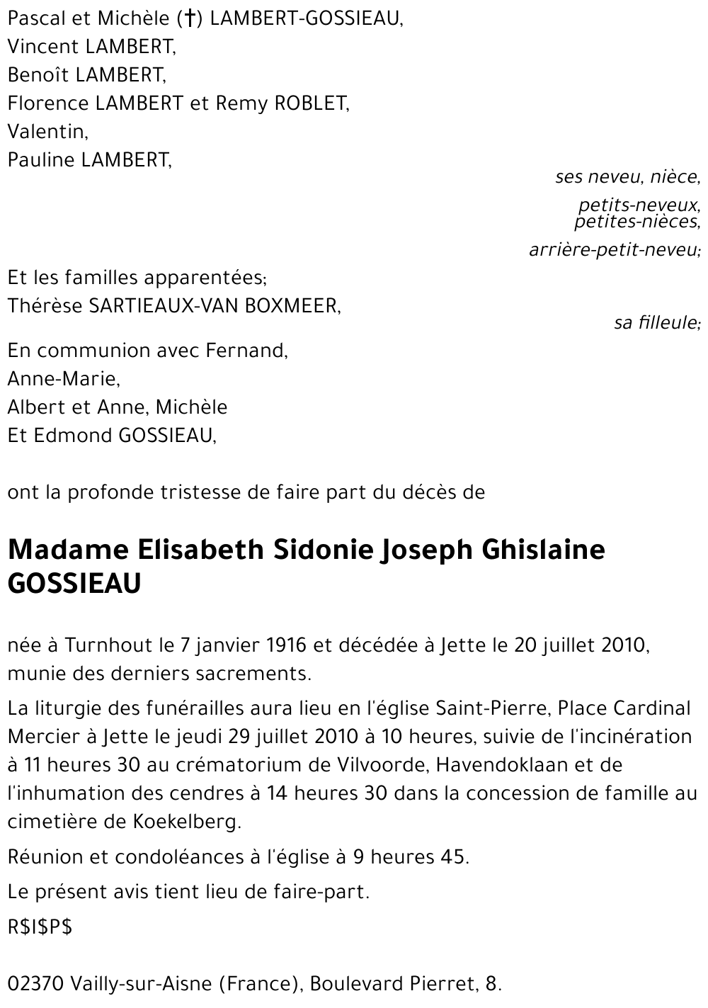 Elisabeth Sidonie Joseph Ghislaine GOSSIEAU