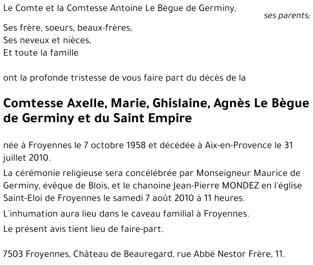 Axelle, Marie, Ghislaine, Agnès Le Bègue de Germiny