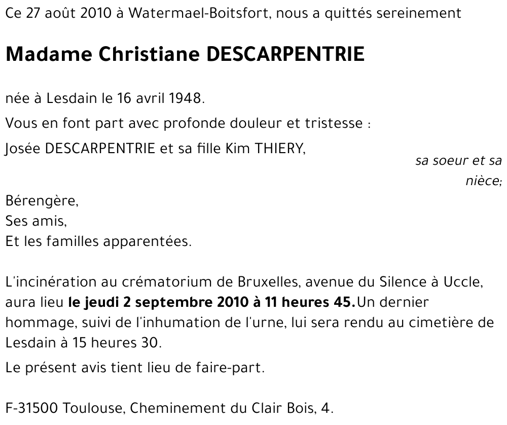 Christiane DESCARPENTRIE