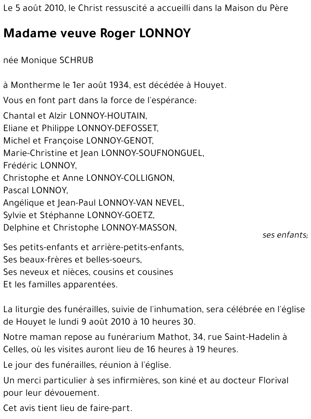 veuve Roger LONNOY