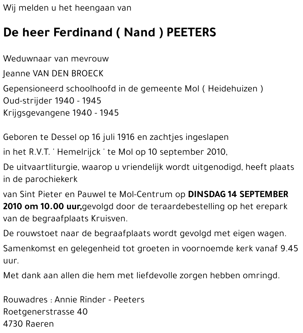 Ferdinand ( Nand ) PEETERS