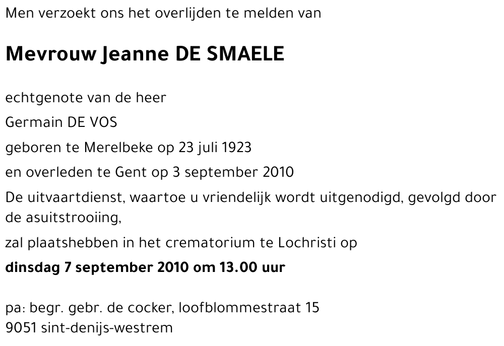 Jeanne DE SMAELE