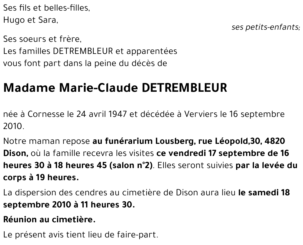 Marie-Claude DETREMBLEUR