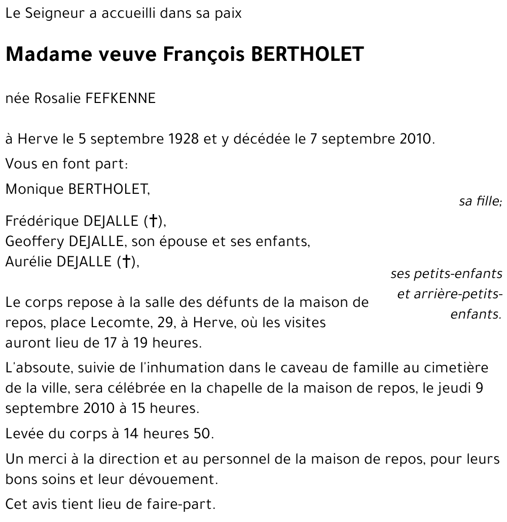 veuve François BERTHOLET