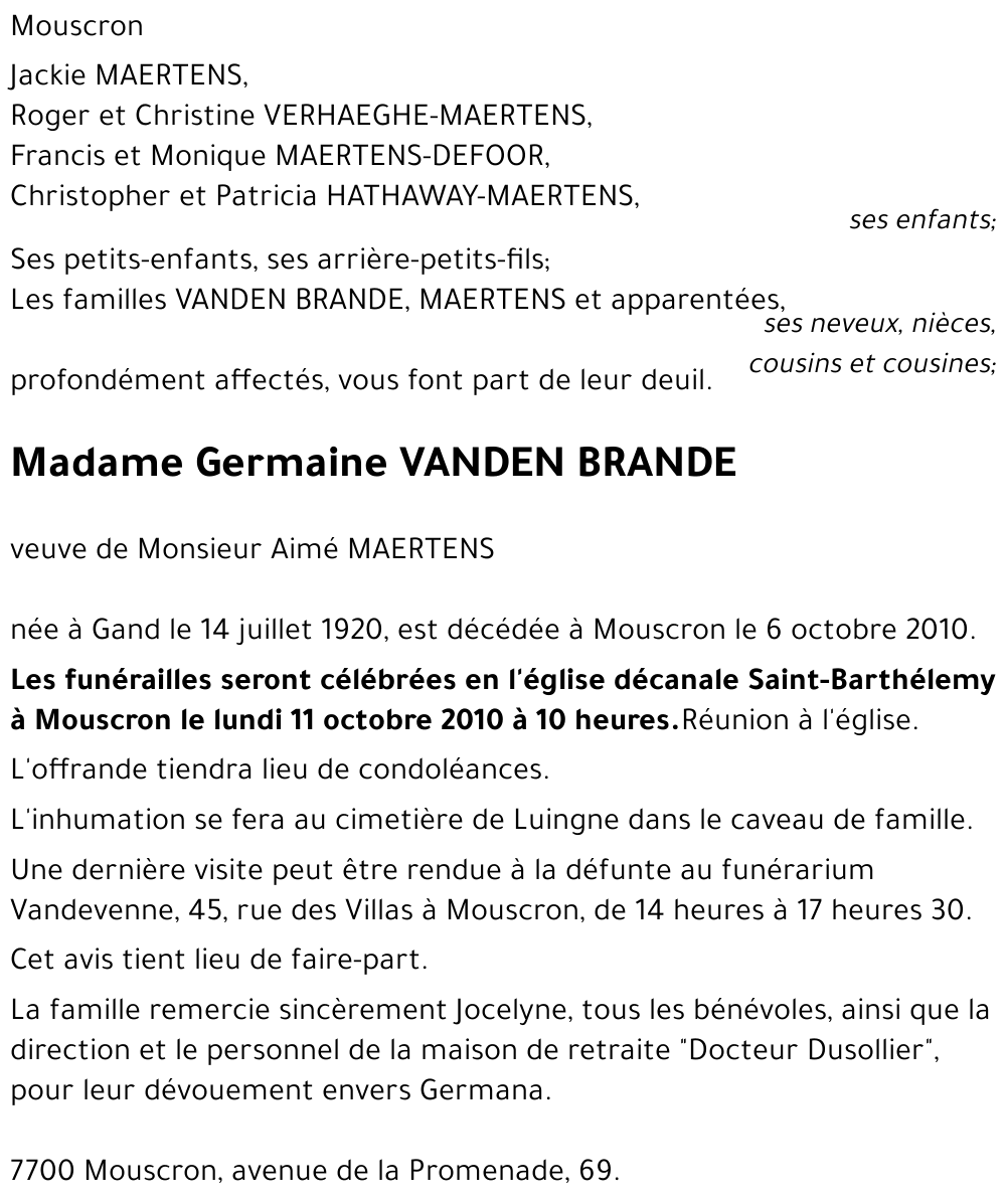 Germaine VANDEN BRANDE