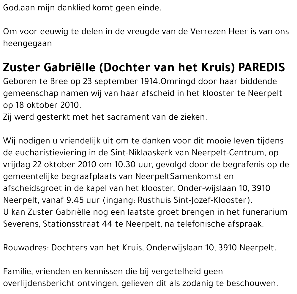 Zuster Gabriëlle PAREDIS