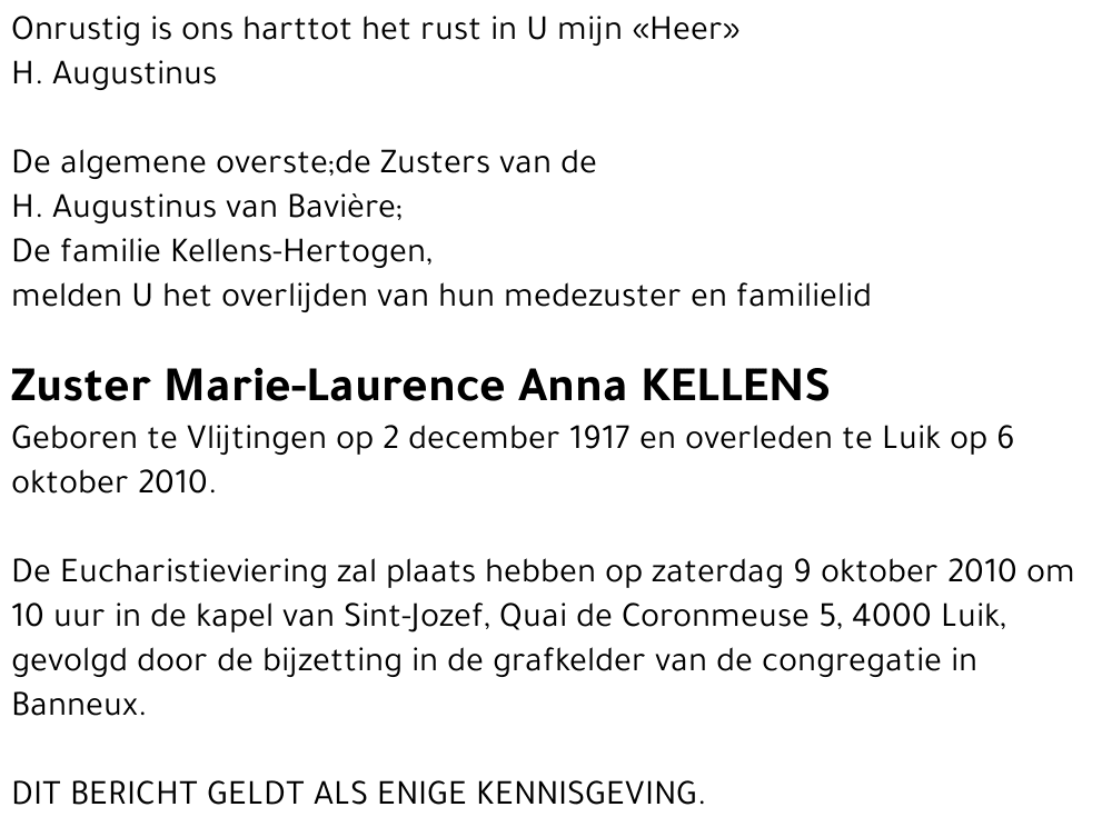 Zuster Marie-Laurence Anna Kellens