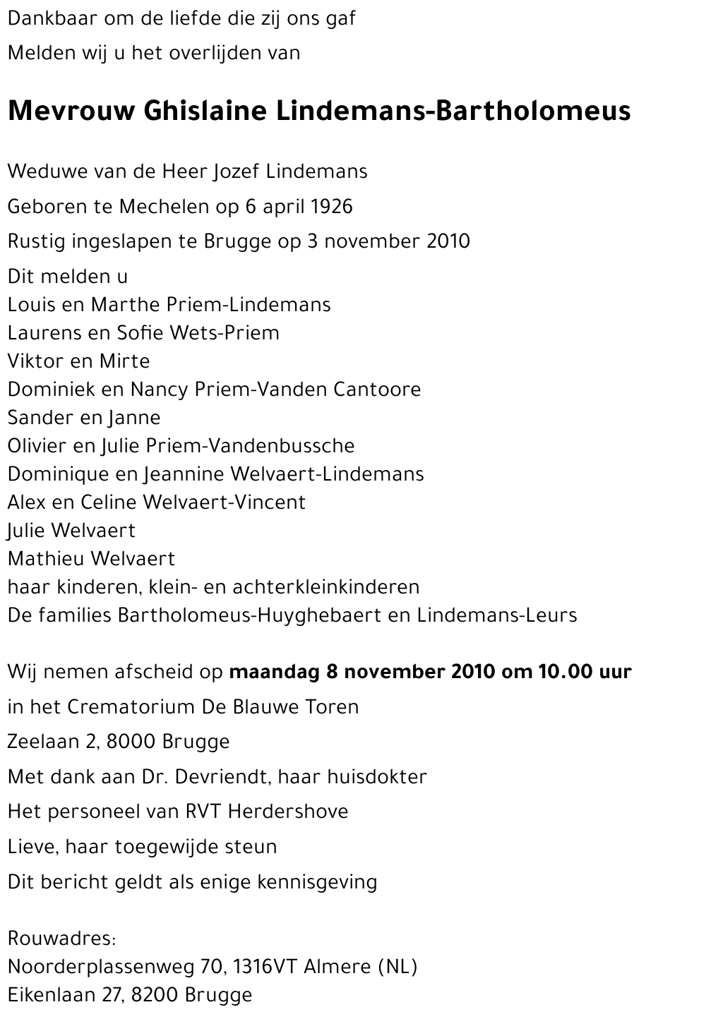 Ghislaine LINDEMANS - BARTHOLOMEUS