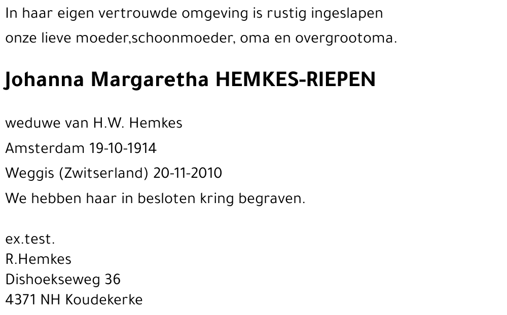 Johanna Margaretha HEMKES-RIEPEN