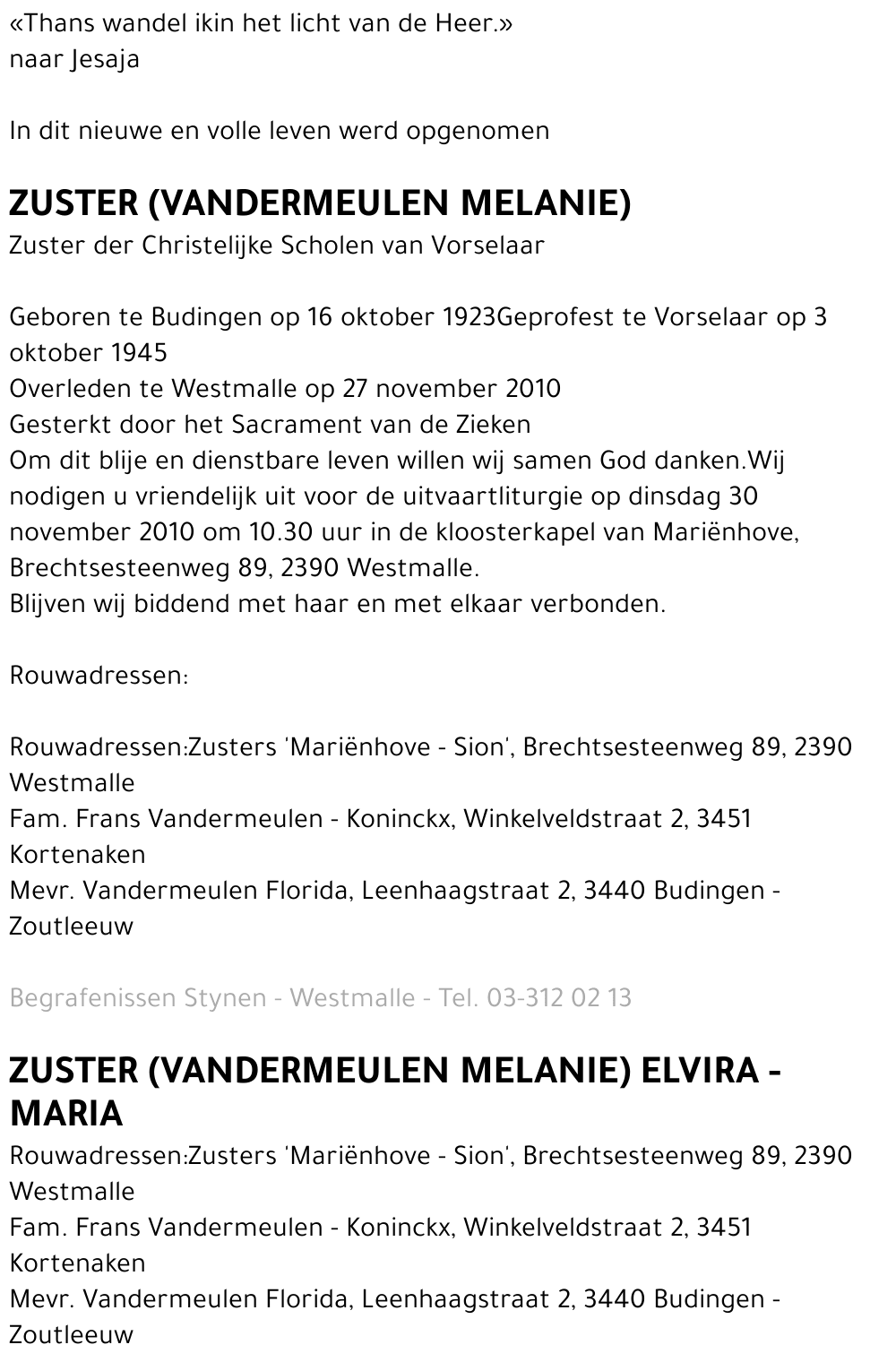 Zuster Elvira - Maria Vandermeulen