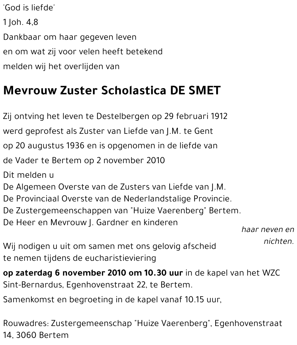 Zuster Scholastica DE SMET