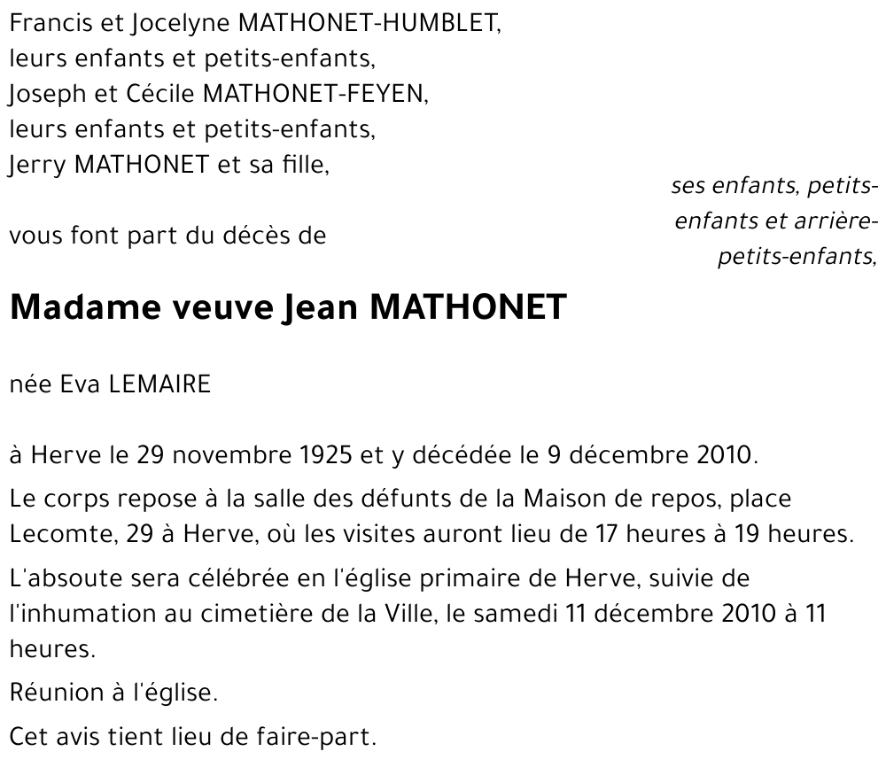 veuve Jean MATHONET