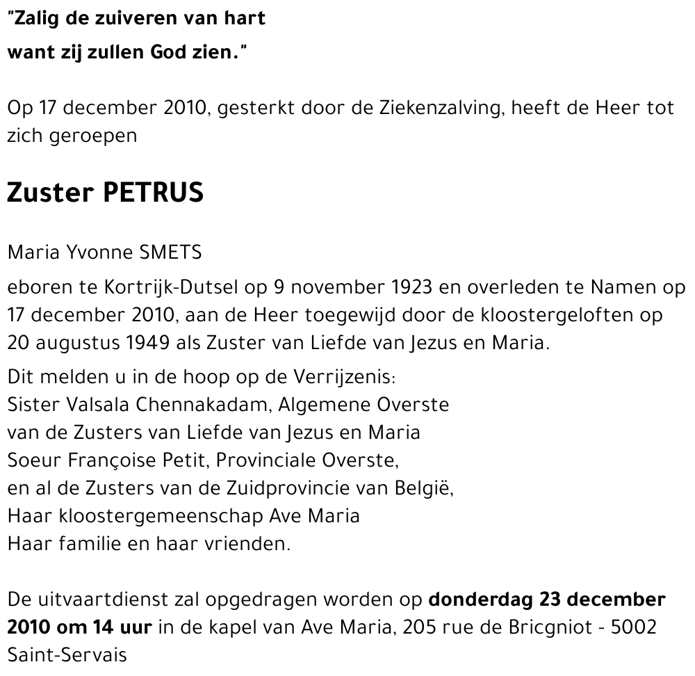 Zuster Petrus Maria Yvonne SMETS