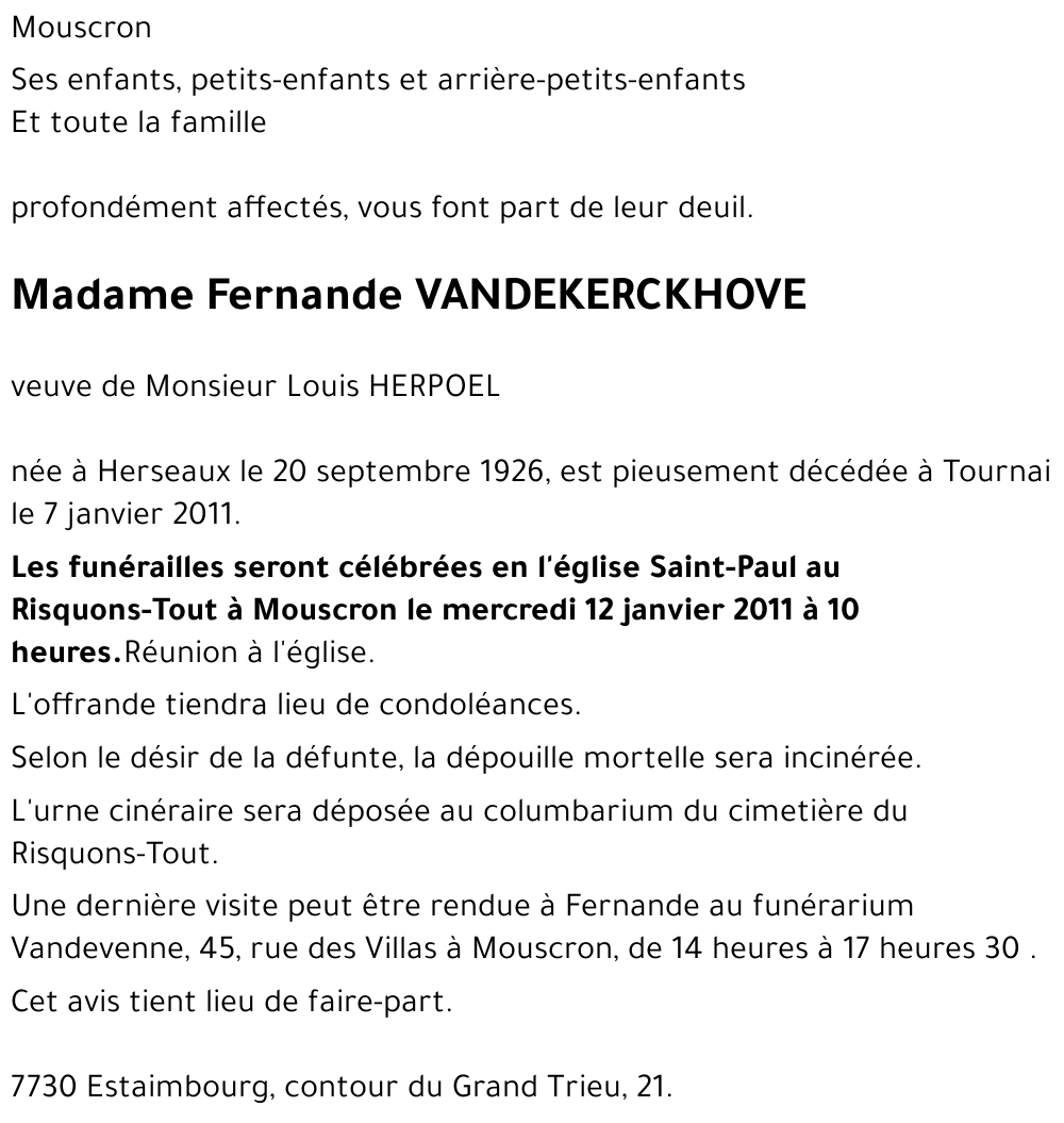 Fernande VANDEKERCKHOVE